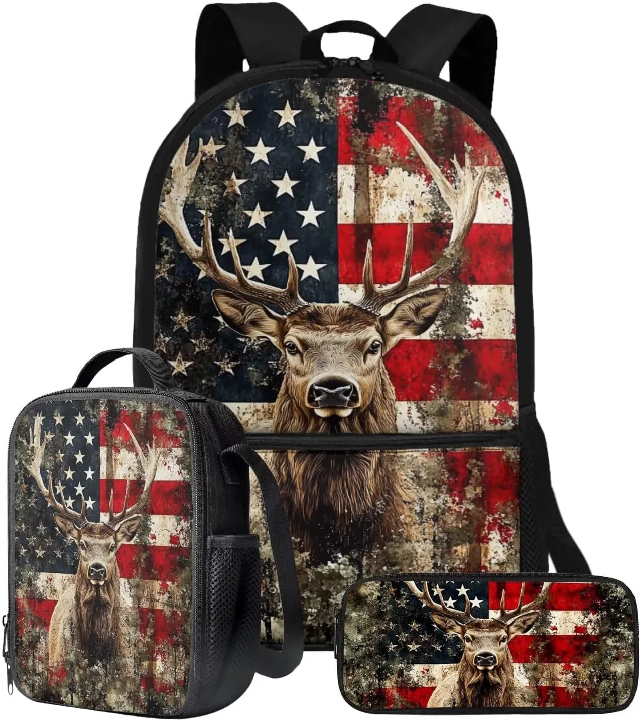 Xoenoiee American Flag Hunting Elk Pattern Back to School Backpack Set of 3 Teens Students 17in Large Schoolbag Thermal Lunch Box Pencil Bag 3 in 1 for Boys