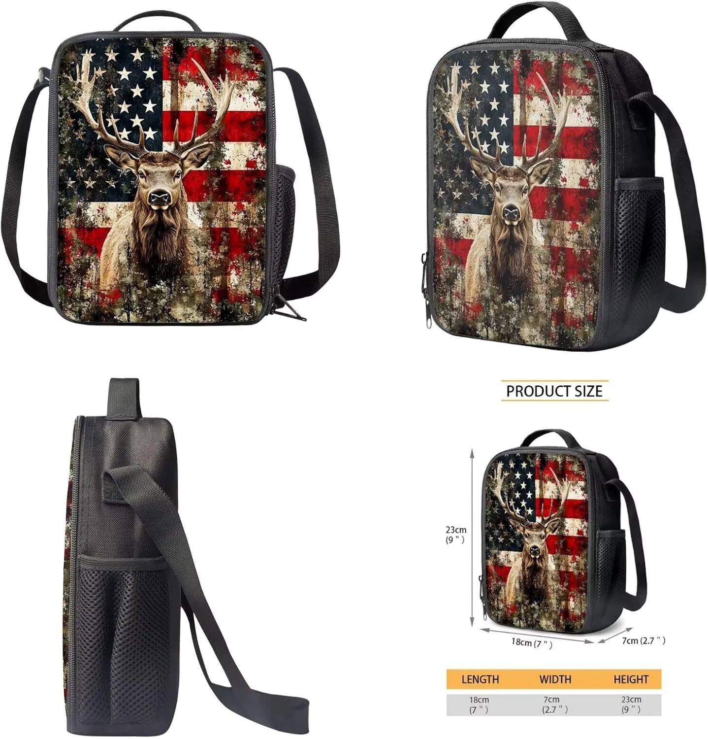 Xoenoiee American Flag Hunting Elk Pattern Back to School Backpack Set of 3 Teens Students 17in Large Schoolbag Thermal Lunch Box Pencil Bag 3 in 1 for Boys