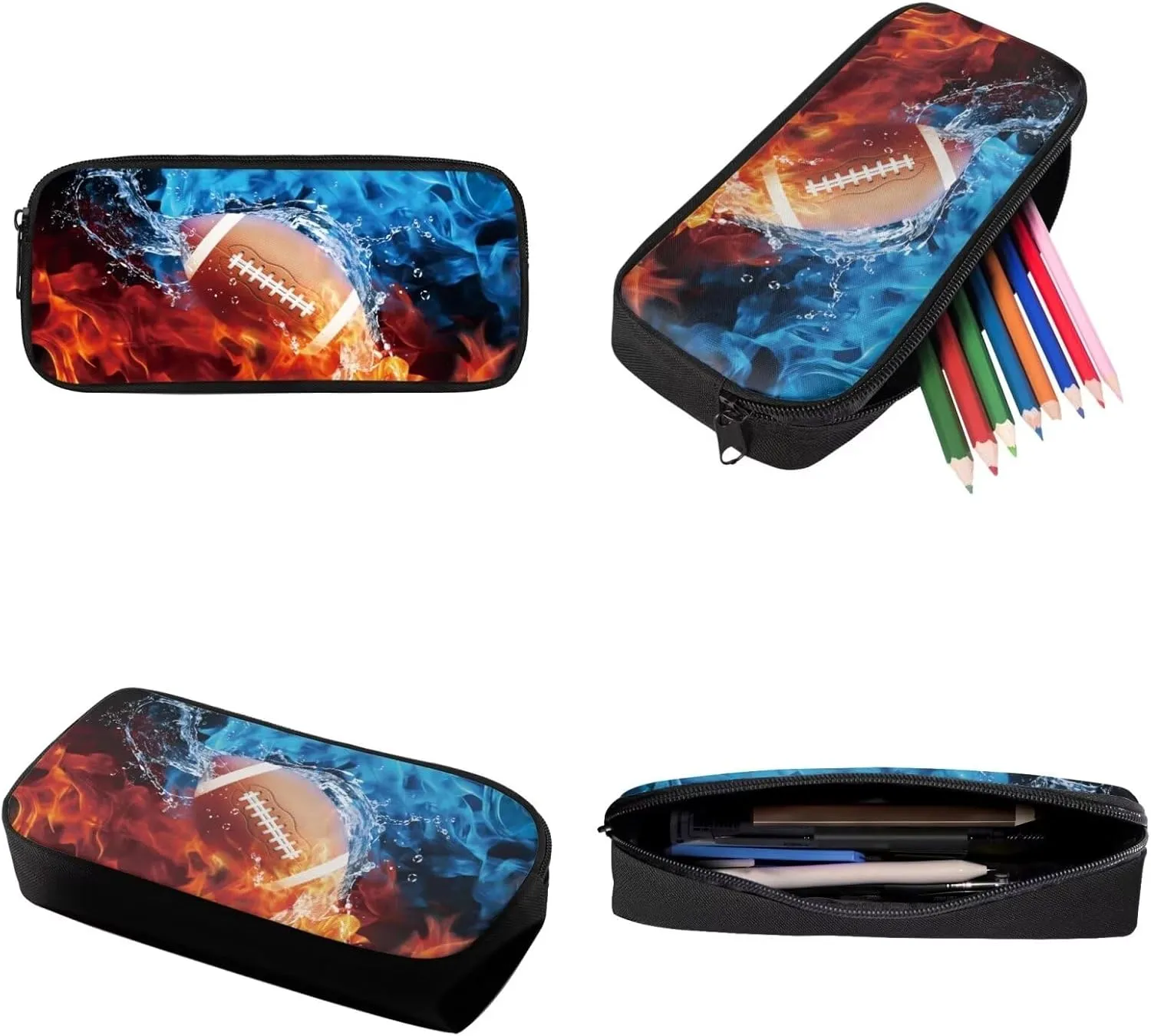 Xoenoiee American Football Fire Water Splatter Print Backpack Set with 17in Backpack Lunch Bag & Pencil Case, Schoolbag Sets for Boy Girl Students for School Travel Picnic
