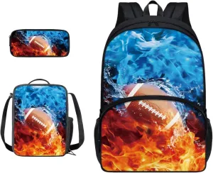 Xoenoiee American Football Fire Water Splatter Print Backpack Set with 17in Backpack Lunch Bag & Pencil Case, Schoolbag Sets for Boy Girl Students for School Travel Picnic