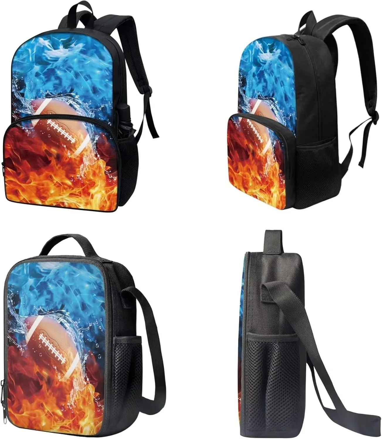 Xoenoiee American Football Fire Water Splatter Print Backpack Set with 17in Backpack Lunch Bag & Pencil Case, Schoolbag Sets for Boy Girl Students for School Travel Picnic