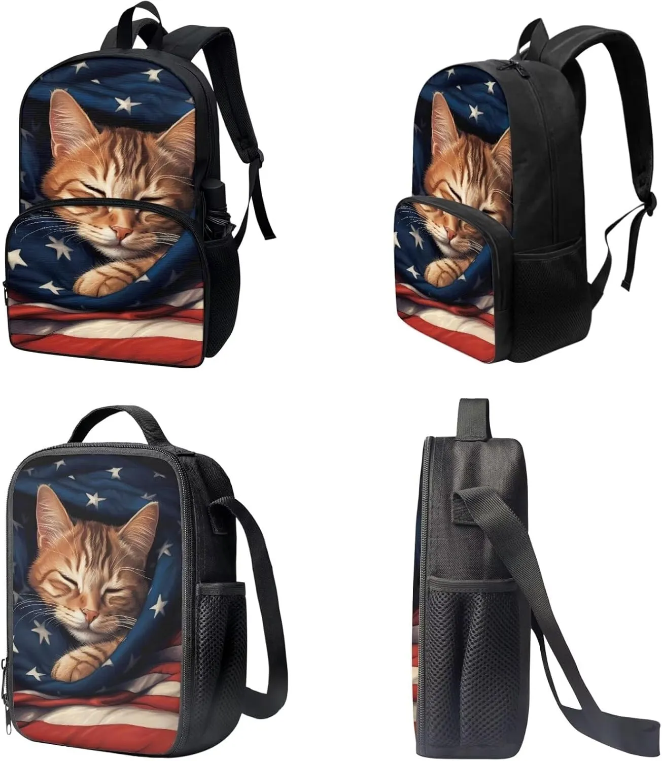 Xoenoiee Cute Cat American Flag Print Kids Backpack Set for Boys Girls 17in School Backpack & Lunch Bag & Pencil Bag 3 in 1 Set for School Picnic Travel