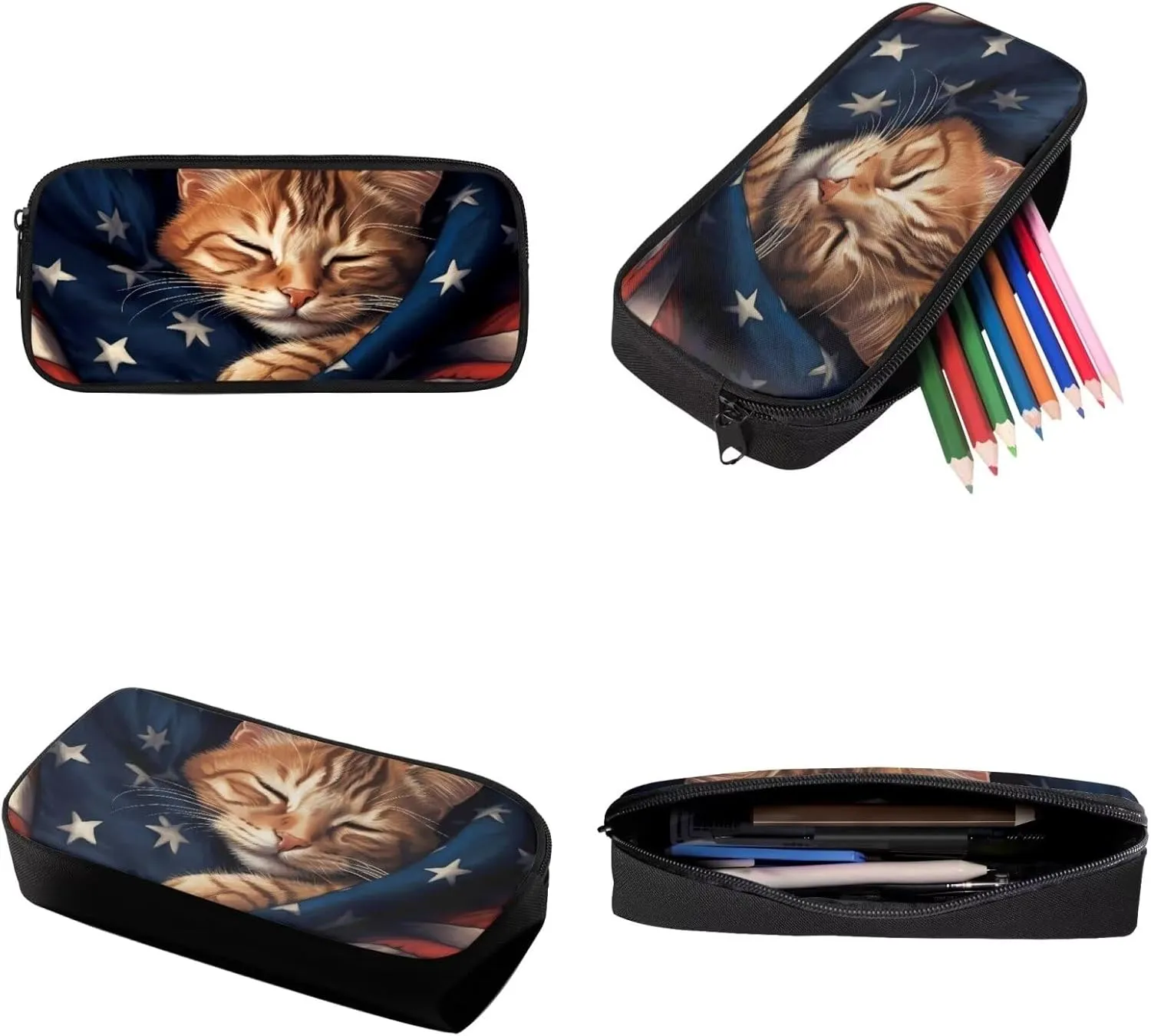 Xoenoiee Cute Cat American Flag Print Kids Backpack Set for Boys Girls 17in School Backpack & Lunch Bag & Pencil Bag 3 in 1 Set for School Picnic Travel