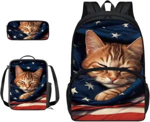 Xoenoiee Cute Cat American Flag Print Kids Backpack Set for Boys Girls 17in School Backpack & Lunch Bag & Pencil Bag 3 in 1 Set for School Picnic Travel