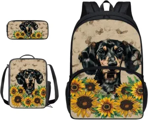 Xoenoiee Dachshund Dog Sunflower Butterfly Pattern Backpack Set with 17in Backpack Lunch Bag & Pencil Case, Schoolbag Sets for Boy Girl Students for School Travel Picnic