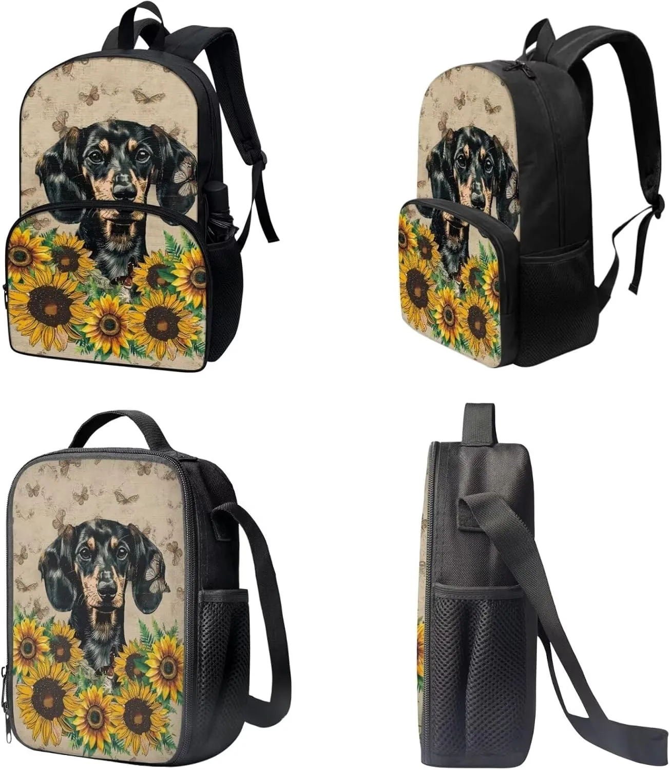 Xoenoiee Dachshund Dog Sunflower Butterfly Pattern Backpack Set with 17in Backpack Lunch Bag & Pencil Case, Schoolbag Sets for Boy Girl Students for School Travel Picnic