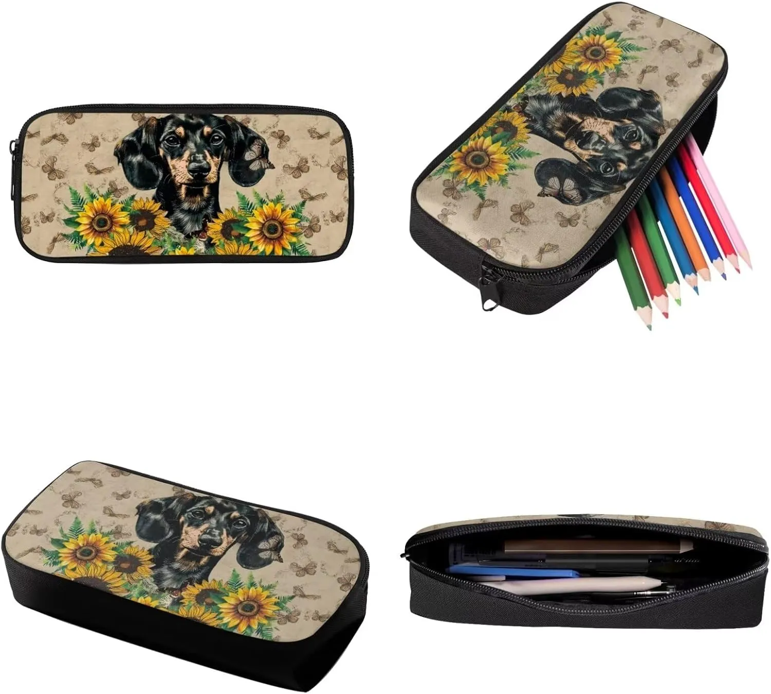Xoenoiee Dachshund Dog Sunflower Butterfly Pattern Backpack Set with 17in Backpack Lunch Bag & Pencil Case, Schoolbag Sets for Boy Girl Students for School Travel Picnic