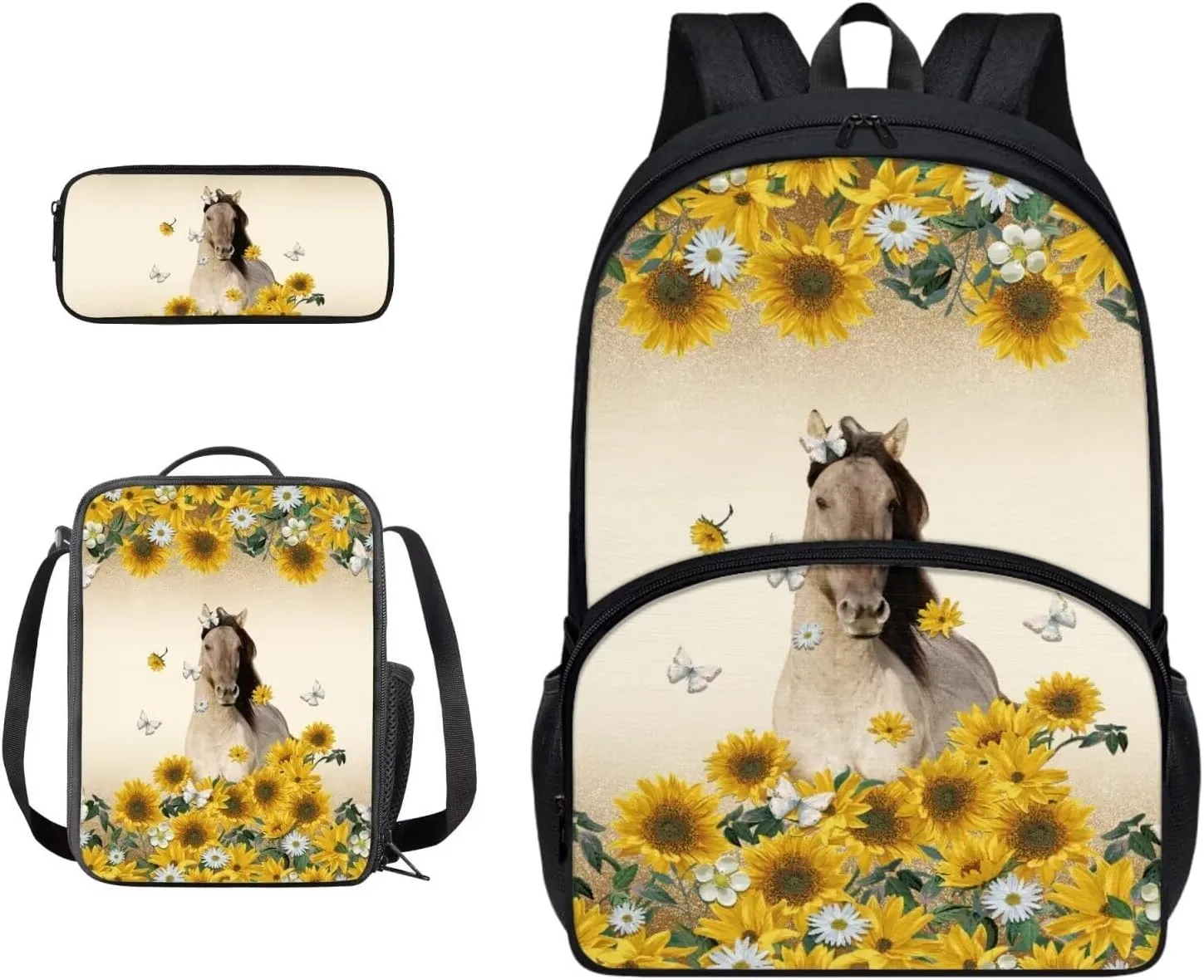 Xoenoiee Horse Butterfly Sunflower and Daisy Pattern Backpack Set with 17in Backpack Lunch Bag & Pencil Case, Schoolbag Sets for Boy Girl Students for School Travel Picnic