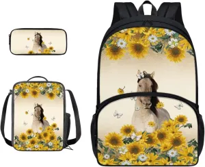 Xoenoiee Horse Butterfly Sunflower and Daisy Pattern Backpack Set with 17in Backpack Lunch Bag & Pencil Case, Schoolbag Sets for Boy Girl Students for School Travel Picnic