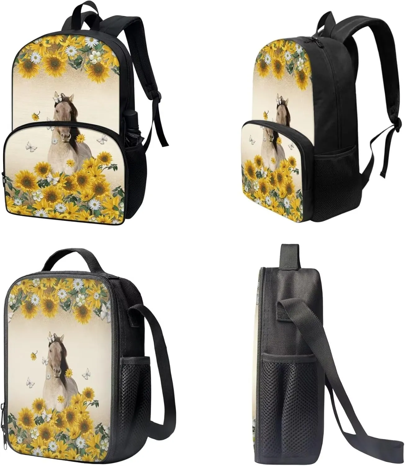 Xoenoiee Horse Butterfly Sunflower and Daisy Pattern Backpack Set with 17in Backpack Lunch Bag & Pencil Case, Schoolbag Sets for Boy Girl Students for School Travel Picnic