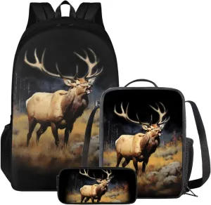 Xoenoiee Wild Elk Pattern Backpack Set with Lunch Bag & Pencil Case, Schoolbag Sets for Boy Girl Students, Casual Daypack for School Travel Picnic