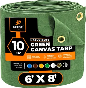 Xpose Safety Canvas Tarp - 10oz Green Canvas Tarps Heavy Duty Water Resistant with Brass Grommets- Multipurpose Outdoor Tarpaulin for Camping, Canopy, Trailer, Equipment Cover 6' x 8'