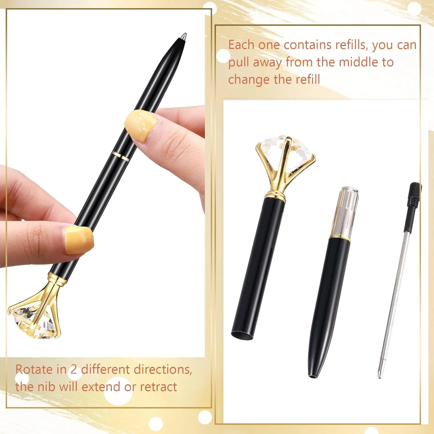 Yahenda 50 Pcs Diamond Pens Bridal Shower Ballpoint Pen bulk Black Ink Bling Crystal Metal Bling Gifts with Diamond on Top for Women Bridesmaid Wedding Office School(Black)