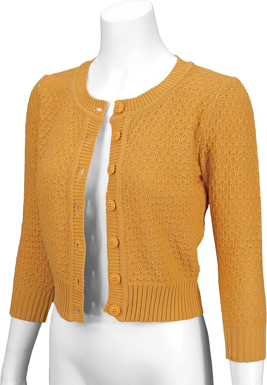 YEMAK Women's Cropped Cardigan Sweater – 3/4 Sleeve Crewneck Basic Classic Casual Button Down Soft Crochet Knit Top (S-3XL)