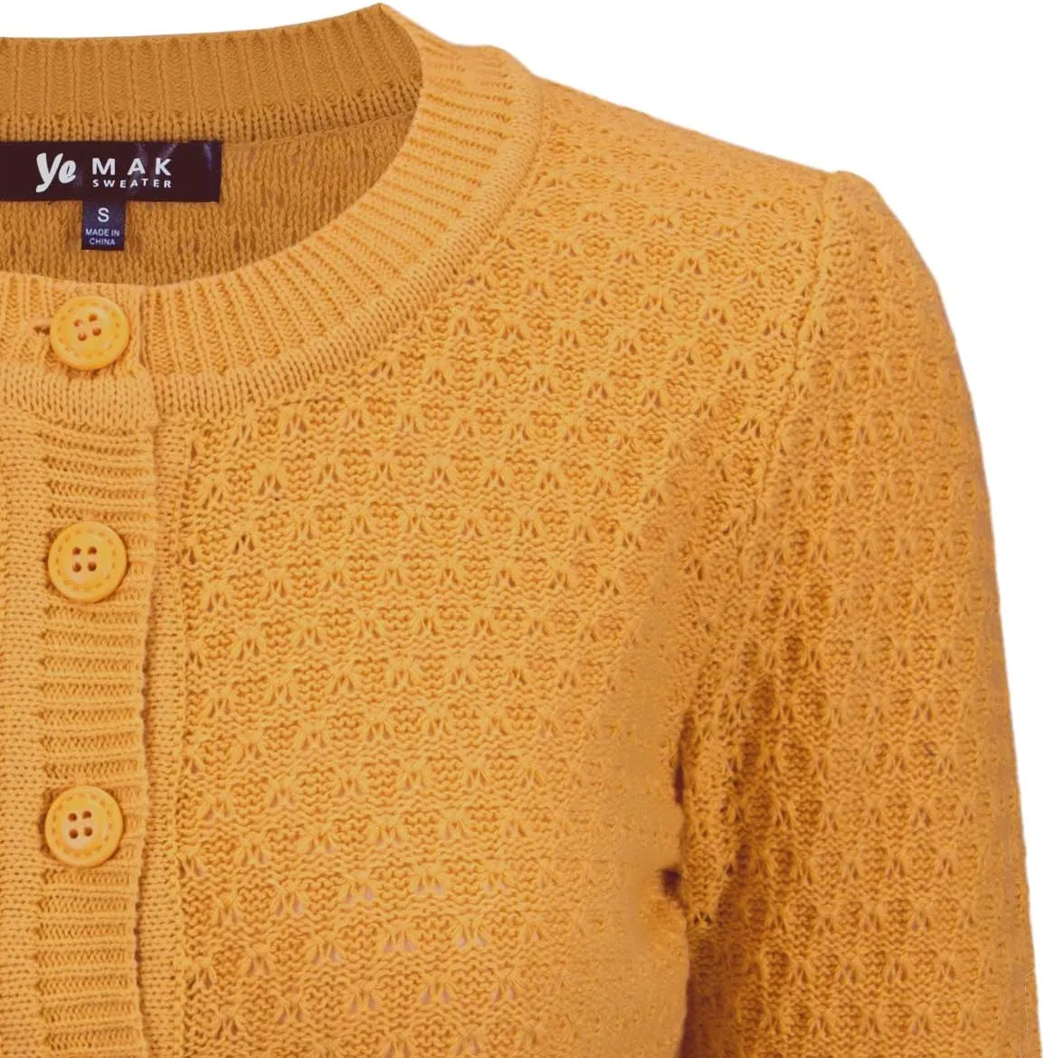 YEMAK Women's Cropped Cardigan Sweater – 3/4 Sleeve Crewneck Basic Classic Casual Button Down Soft Crochet Knit Top (S-3XL)