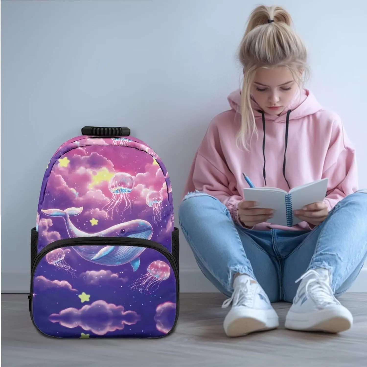YEXIATODO Bookbags for 6Th Grade Girls Purple Whale Backpack With Lunch Box Kids Girls Kindergarten Primary School Back Packs Bookbag for Boys Large Schoolbags Abstract Rucksack Outdoor