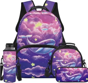 YEXIATODO Bookbags for 6Th Grade Girls Purple Whale Backpack With Lunch Box Kids Girls Kindergarten Primary School Back Packs Bookbag for Boys Large Schoolbags Abstract Rucksack Outdoor
