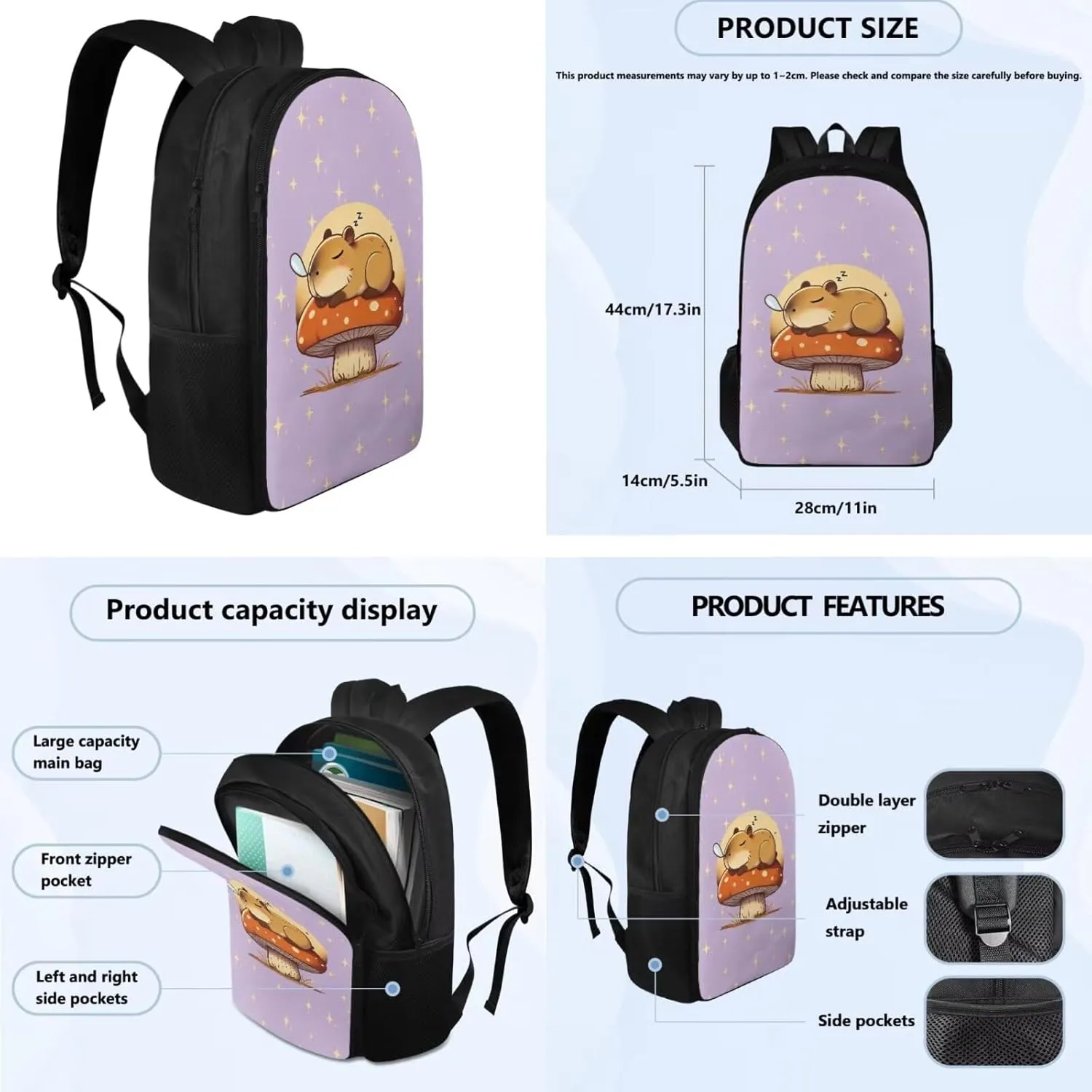 YEXIATODO Capybara Backpack for 1st 2nd 3rd Grade Girls with Lunchbox School Pencil Case Water Bottle Holder Hiking Backpack Aesthetic School Bags Students Bookbag for Back to School