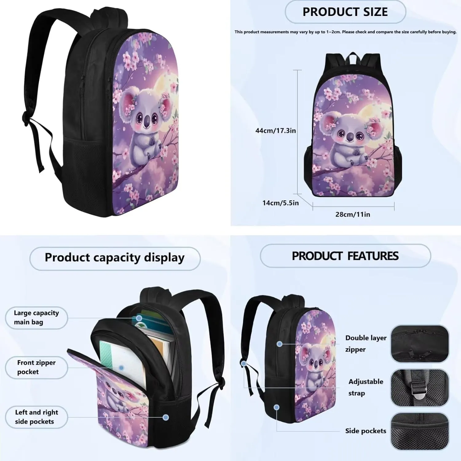 YEXIATODO Cherry Blossom Koala Backpack and Lunch Bag Set for Girls School Bags for Students 12-14 Middle Elementary Kids Backpack Bookbag for Teen Girls Teen Boys School Supplies