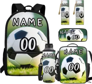 YEXIATODO Soccer Personalized Bookbags for 6th Grade Boys 5 Piece Student Back To School Book Bag with Lunch Box Pencil Case for Girls 1-6th Grade Primary Kindergarten Preschool Elementary
