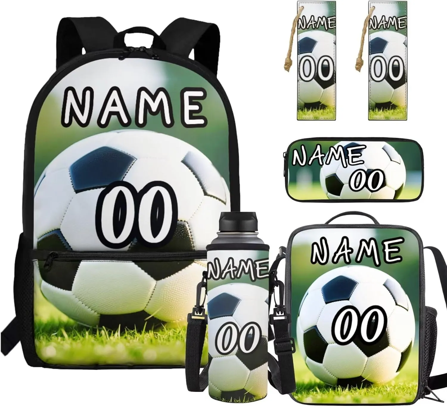 YEXIATODO Soccer Personalized Bookbags for 6th Grade Boys 5 Piece Student Back To School Book Bag with Lunch Box Pencil Case for Girls 1-6th Grade Primary Kindergarten Preschool Elementary