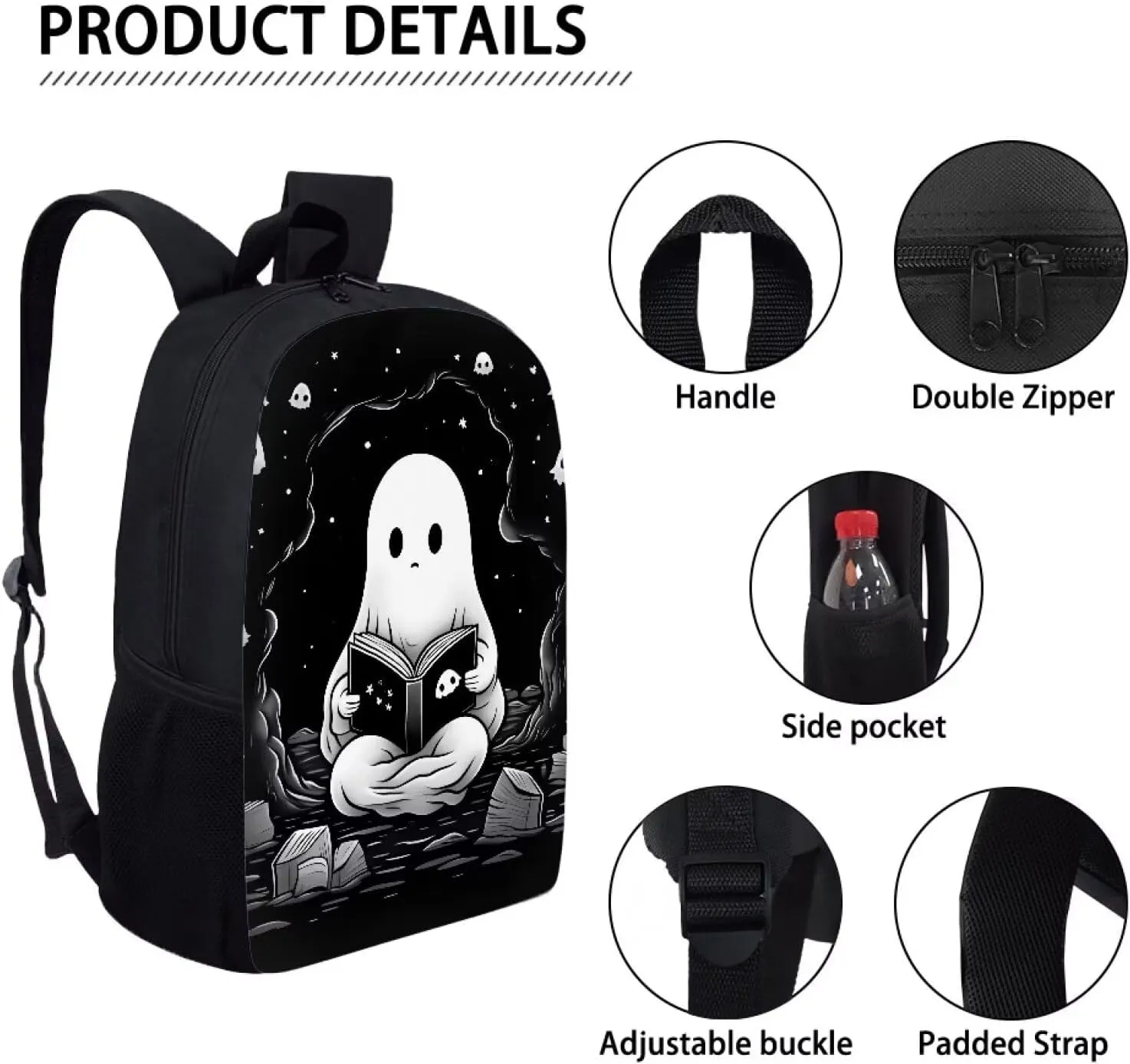 Ystardream Cute Ghost Kids School Backpack for Boys Elementary School Backpack for Girls Black School Bag for Kids Girls Lightweight Travel Daypack Bookbag Personalized School Bag