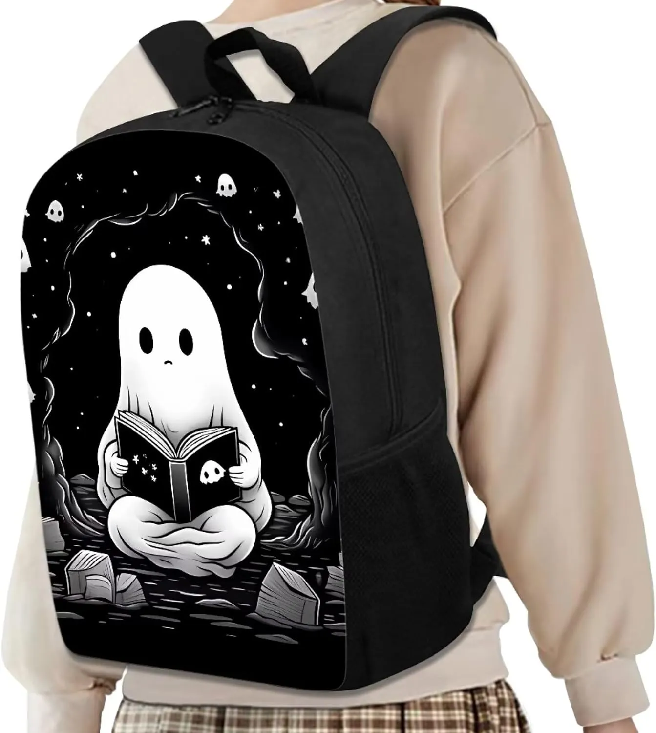 Ystardream Cute Ghost Kids School Backpack for Boys Elementary School Backpack for Girls Black School Bag for Kids Girls Lightweight Travel Daypack Bookbag Personalized School Bag