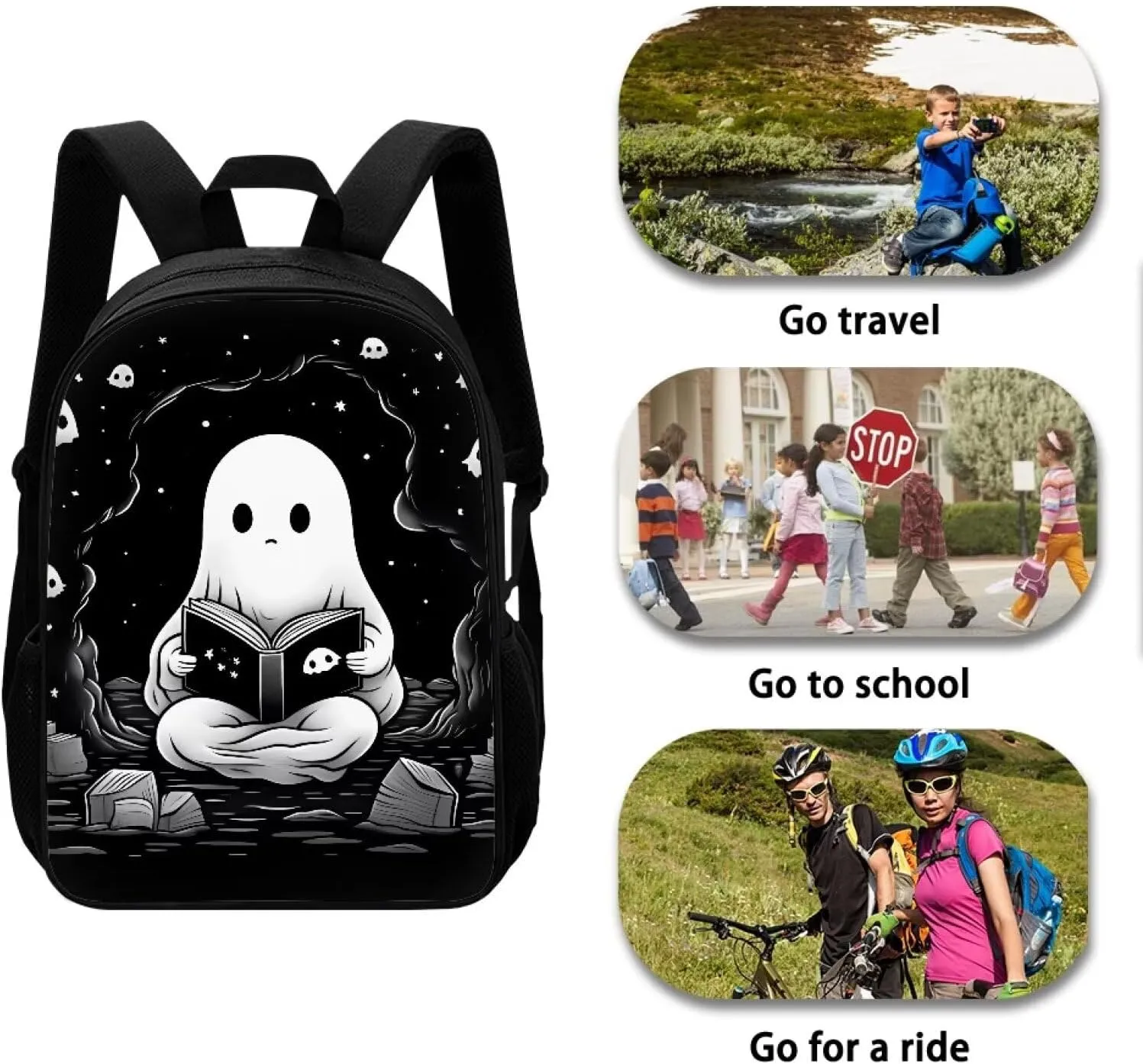 Ystardream Cute Ghost Kids School Backpack for Boys Elementary School Backpack for Girls Black School Bag for Kids Girls Lightweight Travel Daypack Bookbag Personalized School Bag