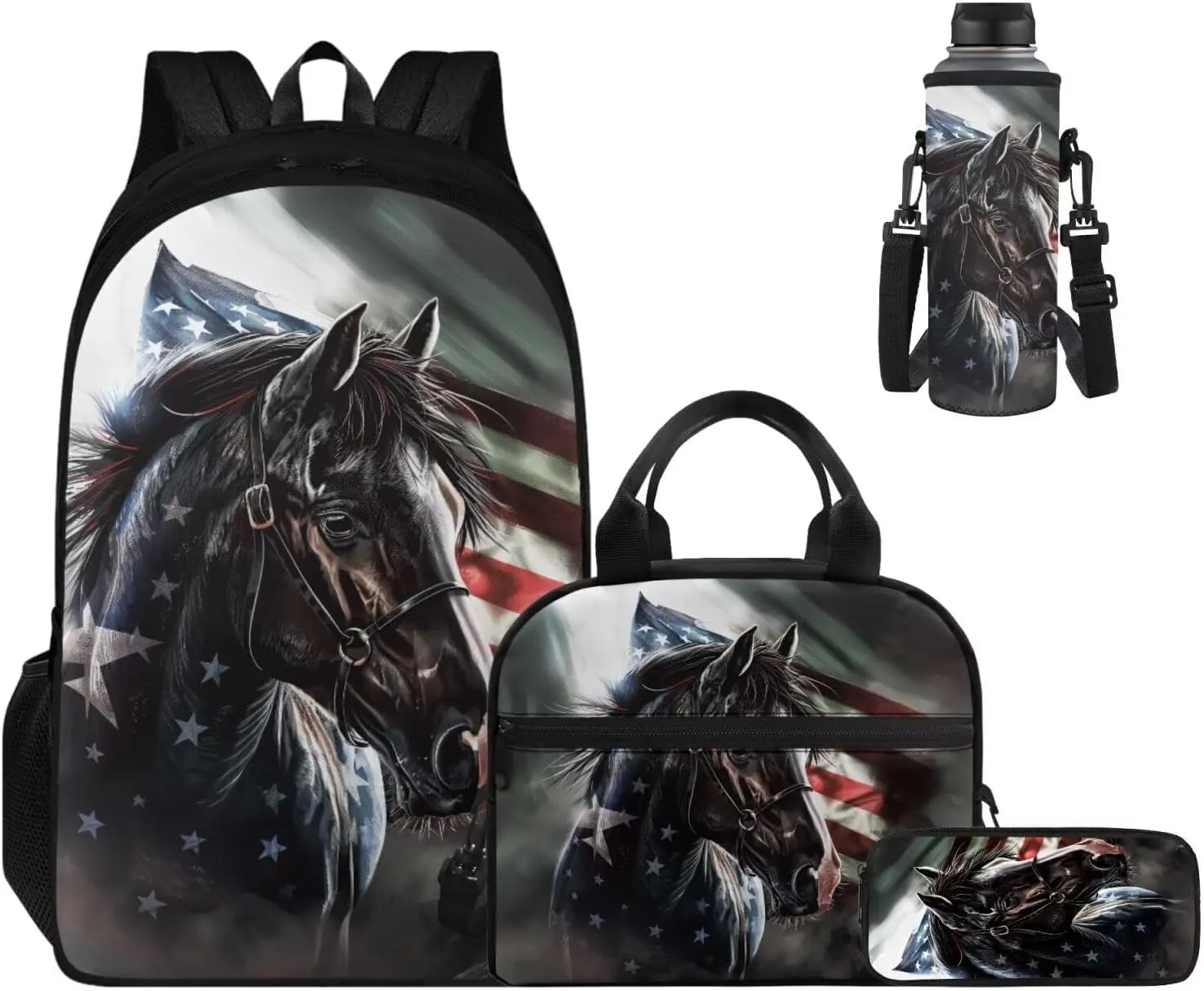 Ystardream Elementary School Backpack and Lunch Bag Set for Boys Middle School Cool Horse Bookbags with Side Pockets for Water Bottles Portable Pencil Case & Water Bottle Cover(American Flag Design)