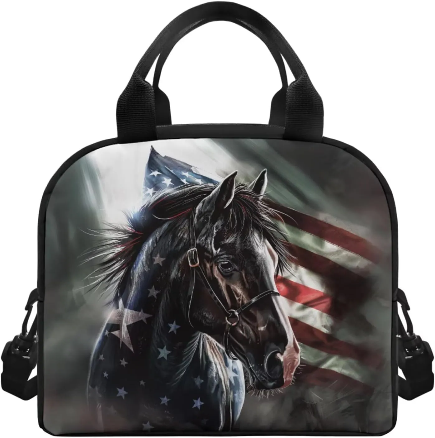 Ystardream Elementary School Backpack and Lunch Bag Set for Boys Middle School Cool Horse Bookbags with Side Pockets for Water Bottles Portable Pencil Case & Water Bottle Cover(American Flag Design)