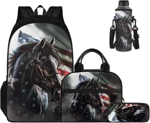 Ystardream Elementary School Backpack and Lunch Bag Set for Boys Middle School Cool Horse Bookbags with Side Pockets for Water Bottles Portable Pencil Case & Water Bottle Cover(American Flag Design)