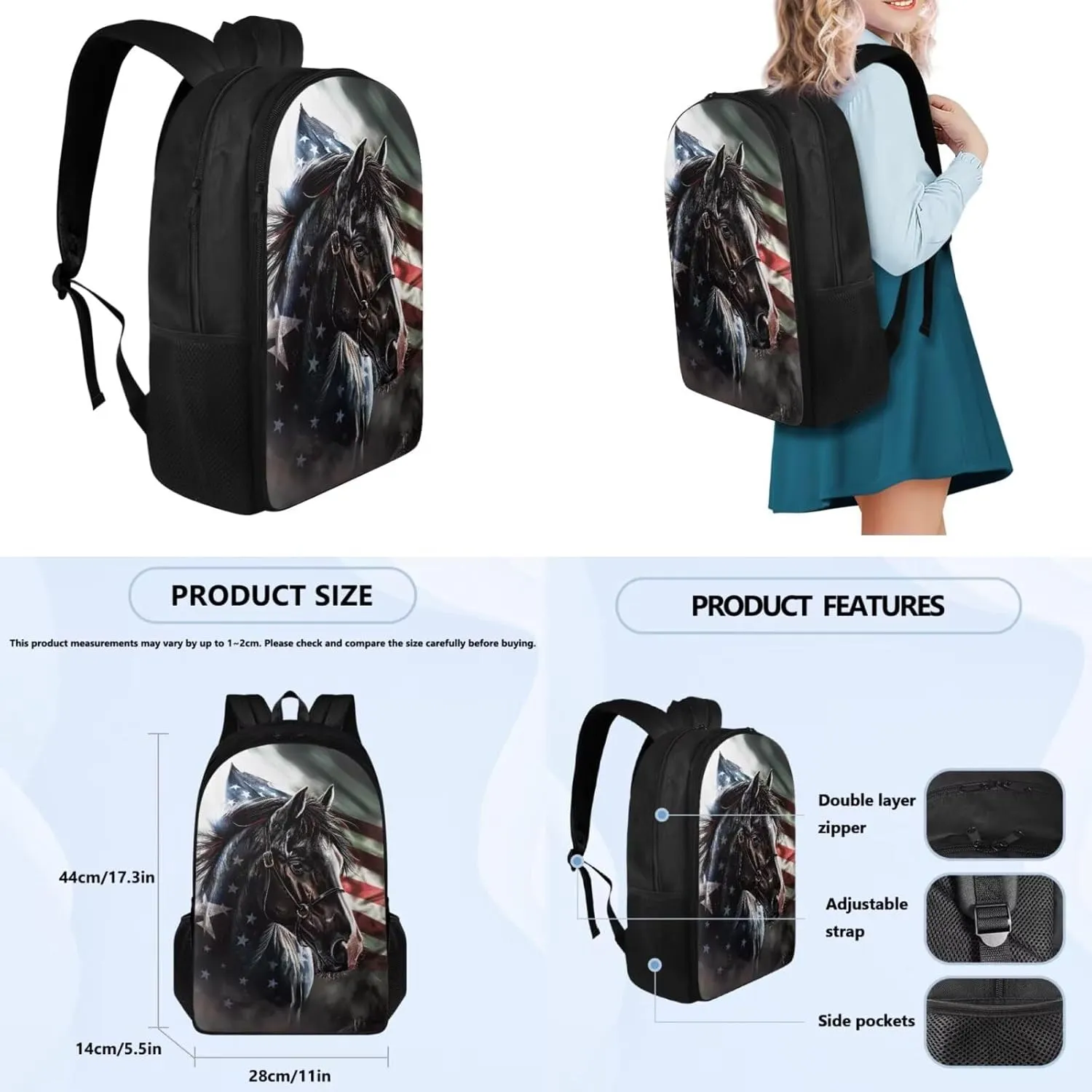 Ystardream Elementary School Backpack and Lunch Bag Set for Boys Middle School Cool Horse Bookbags with Side Pockets for Water Bottles Portable Pencil Case & Water Bottle Cover(American Flag Design)