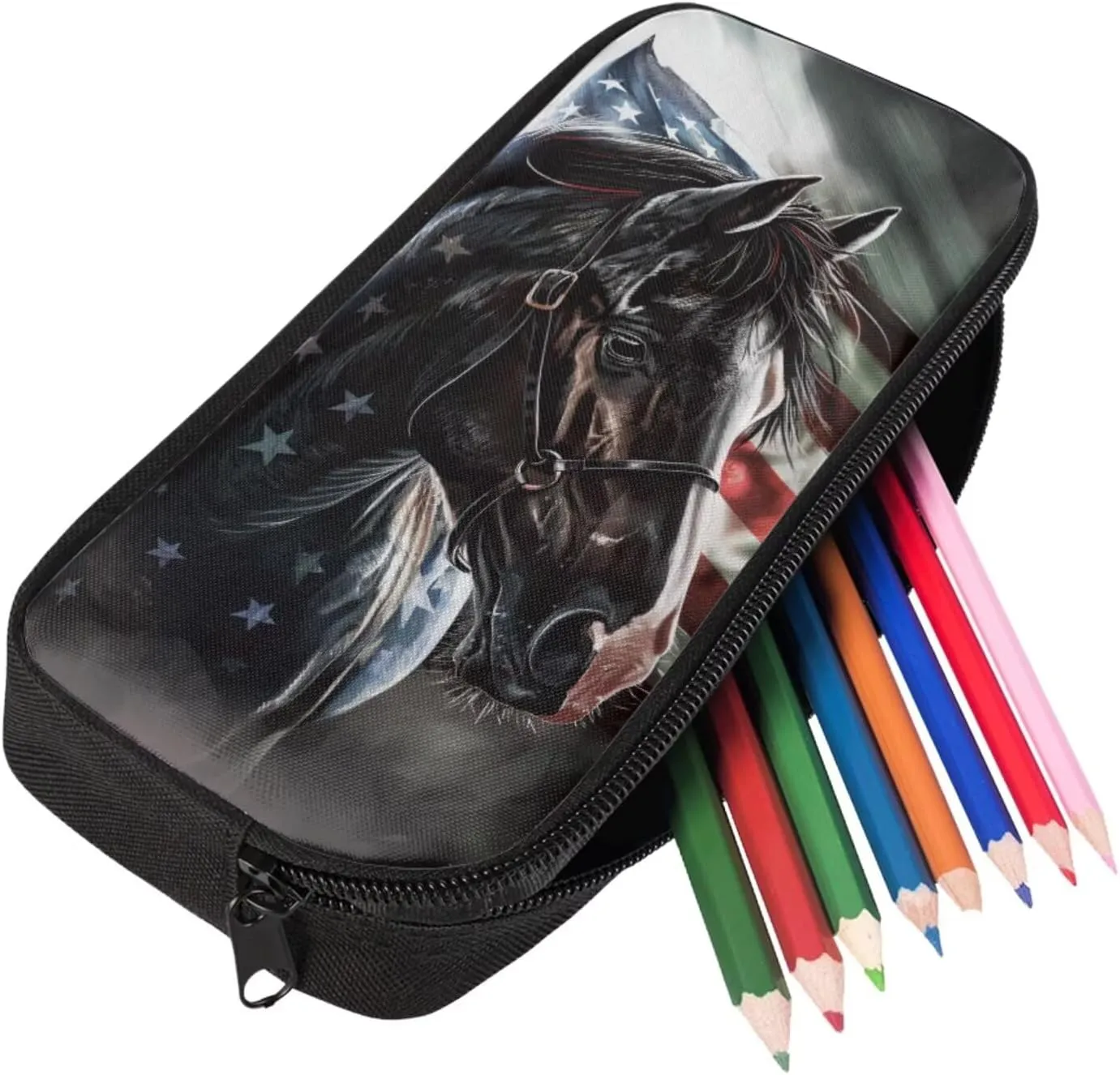 Ystardream Elementary School Backpack and Lunch Bag Set for Boys Middle School Cool Horse Bookbags with Side Pockets for Water Bottles Portable Pencil Case & Water Bottle Cover(American Flag Design)