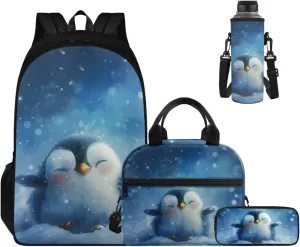 Ystardream Girls Cute Penguin Backpack for School 5th Grade School Bag with Luch Bag for Boys 17 Inch Primary School Daypack Insulated Lunch Box, Pen Case, and Water Bottle Sleeve