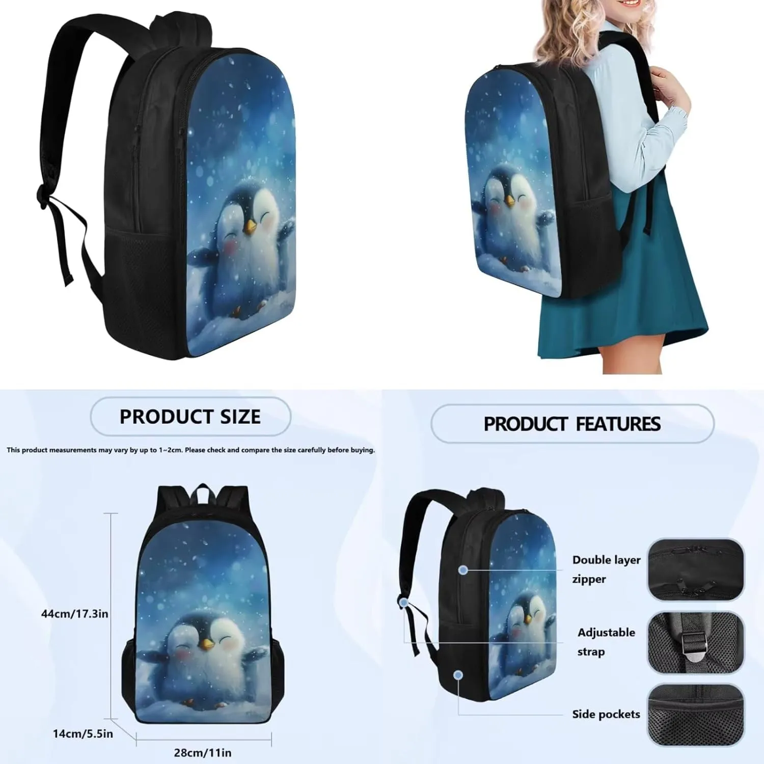 Ystardream Girls Cute Penguin Backpack for School 5th Grade School Bag with Luch Bag for Boys 17 Inch Primary School Daypack Insulated Lunch Box, Pen Case, and Water Bottle Sleeve