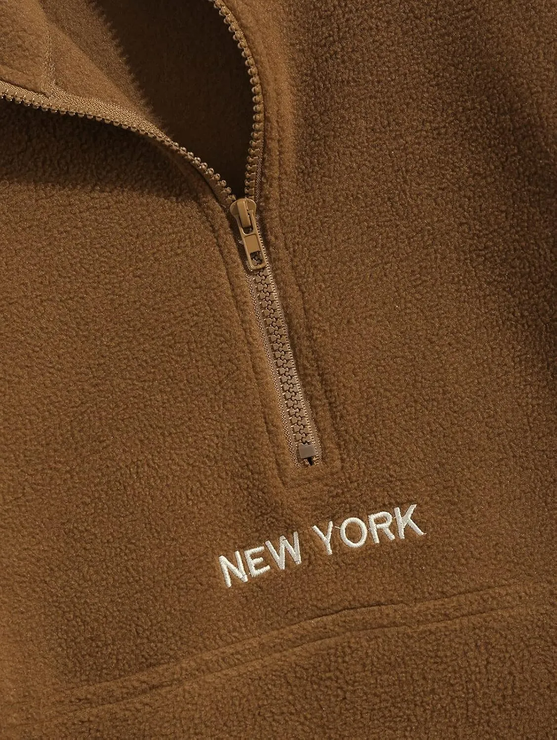 ZAFUL Men's Fluffy Polar Fleece Sweatshirt NEW YORK Embroidery Colorblock Half Zip Unisex Hoodie