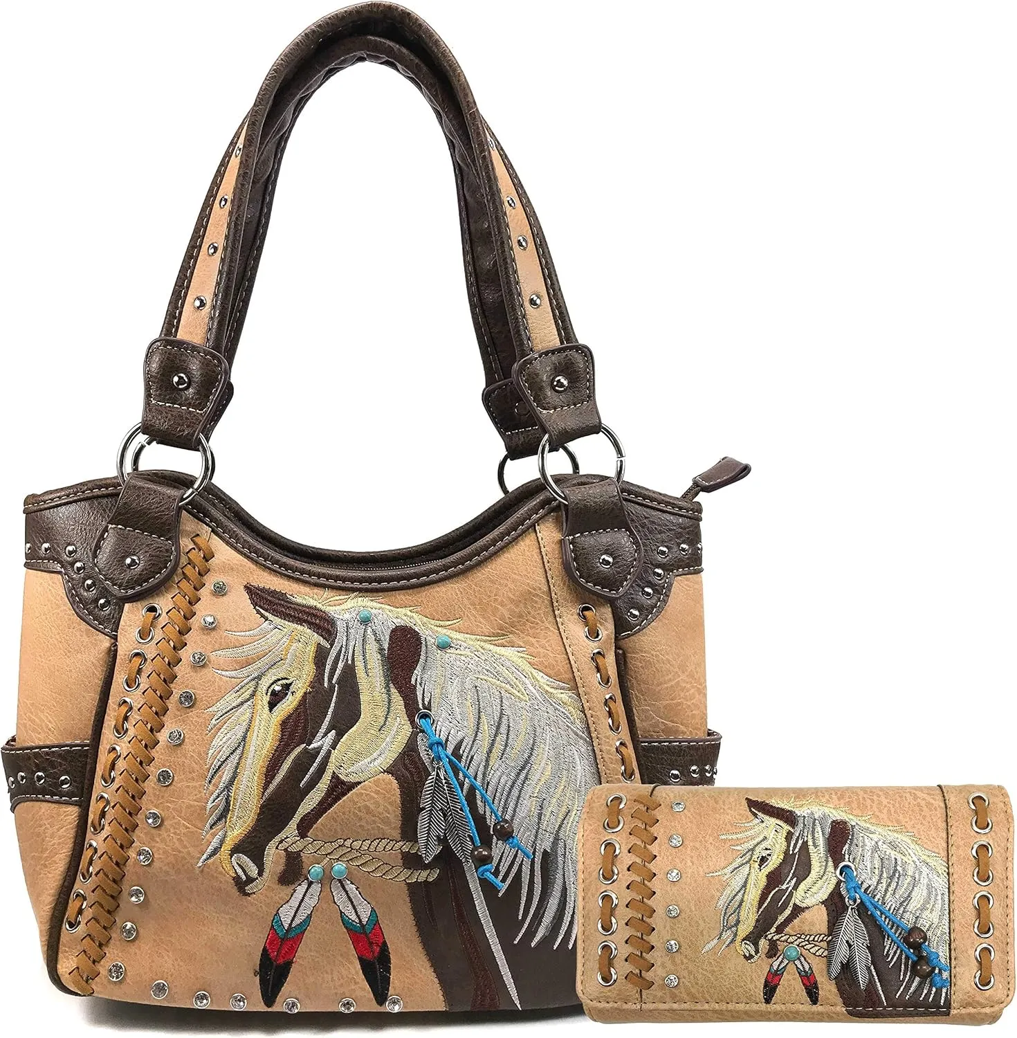 Zelris Dakota Dales Pony Horse Embroidery Mane Western Country Women Conceal Carry Tote Purse with Matching Wallet Set
