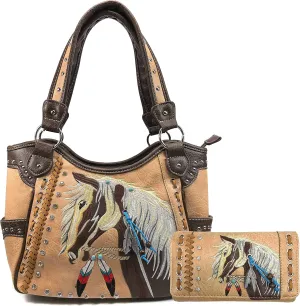 Zelris Dakota Dales Pony Horse Embroidery Mane Western Country Women Conceal Carry Tote Purse with Matching Wallet Set