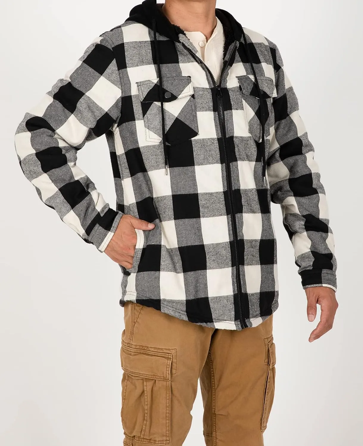 ZENTHACE Mens Sherpa Lined Flannel Shirt Jacket with Hood,Plaid Shirt-Jac,all Sherpa Lining