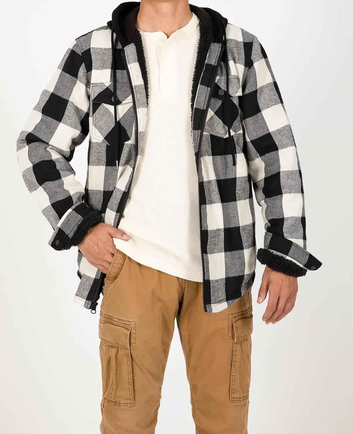 ZENTHACE Mens Sherpa Lined Flannel Shirt Jacket with Hood,Plaid Shirt-Jac,all Sherpa Lining