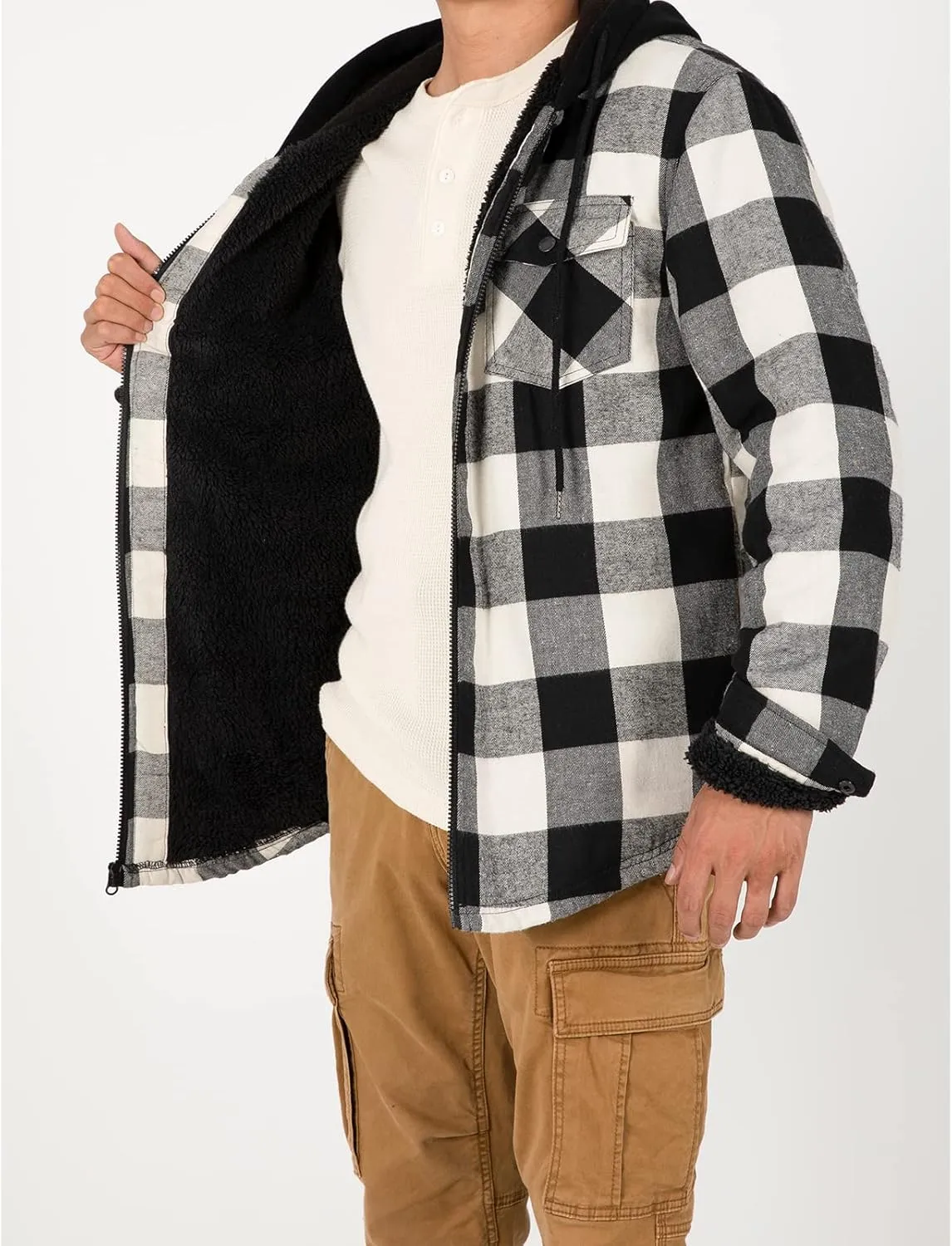 ZENTHACE Mens Sherpa Lined Flannel Shirt Jacket with Hood,Plaid Shirt-Jac,all Sherpa Lining