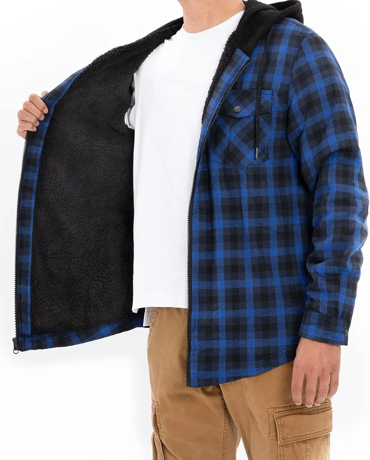 ZENTHACE Mens Sherpa Lined Flannel Shirt Jacket with Hood,Plaid Shirt-Jac,all Sherpa Lining