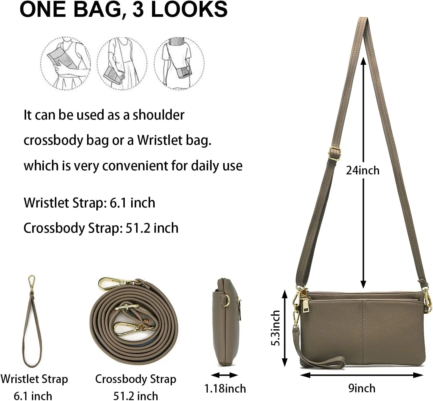 ZOOEASS Triple Zip Small Crossbody Bag Lightweight Purses Vegan Leather Wristlet Clutch, Includes Adjustable Shoulder