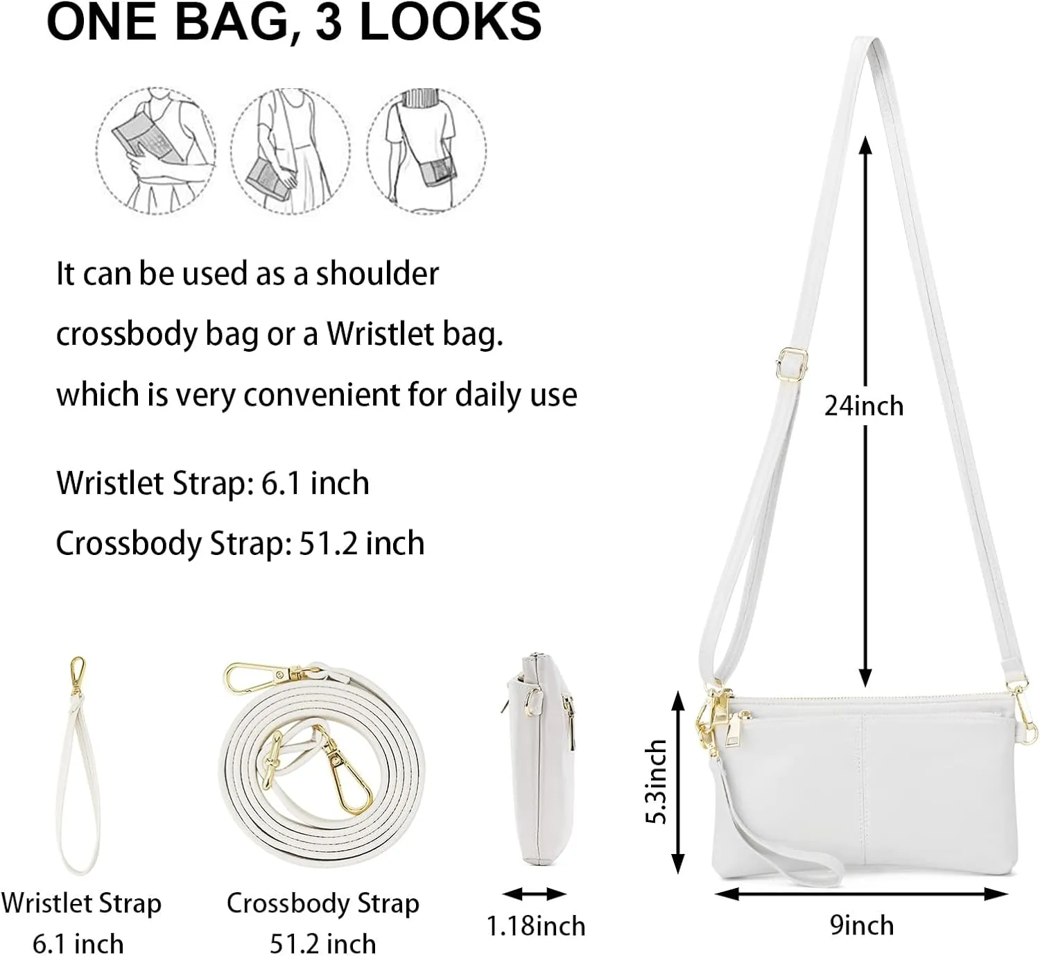 ZOOEASS Triple Zip Small Crossbody Bag Lightweight Purses Vegan Leather Wristlet Clutch, Includes Adjustable Shoulder