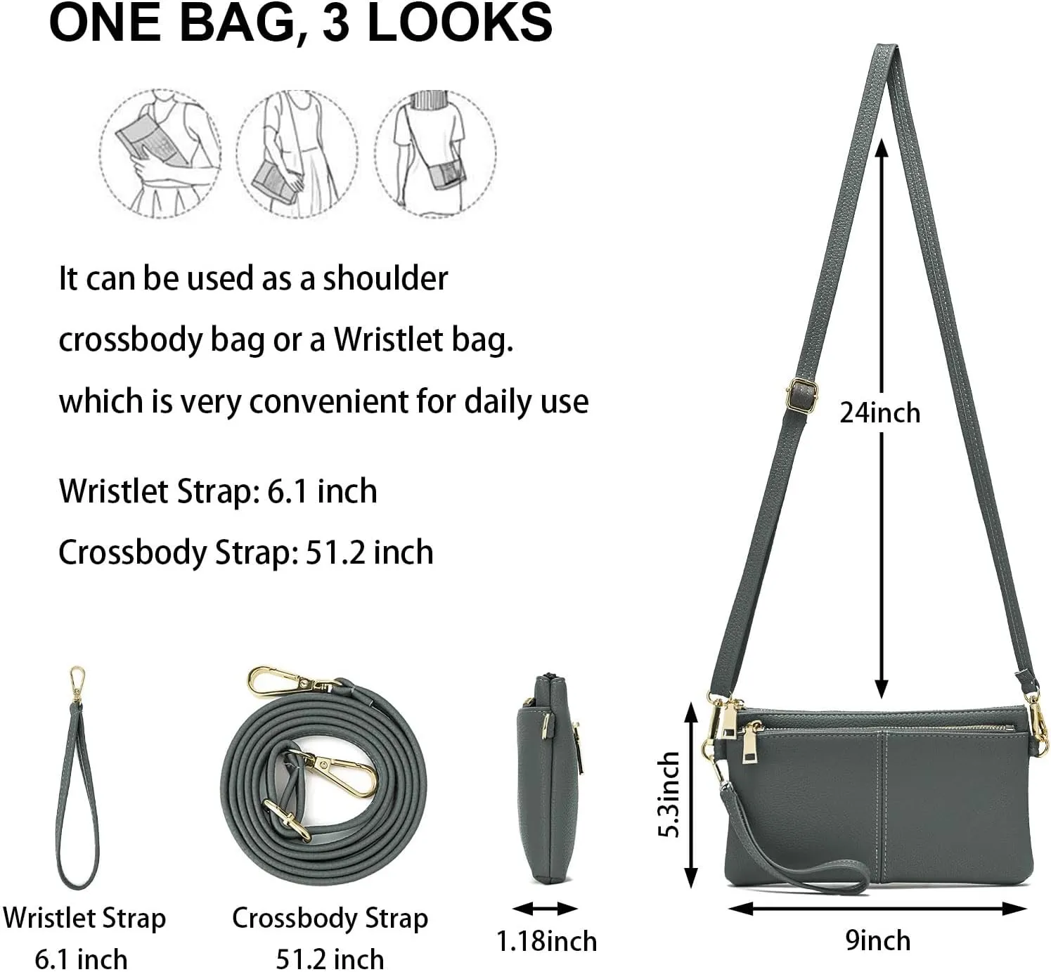 ZOOEASS Triple Zip Small Crossbody Bag Lightweight Purses Vegan Leather Wristlet Clutch, Includes Adjustable Shoulder