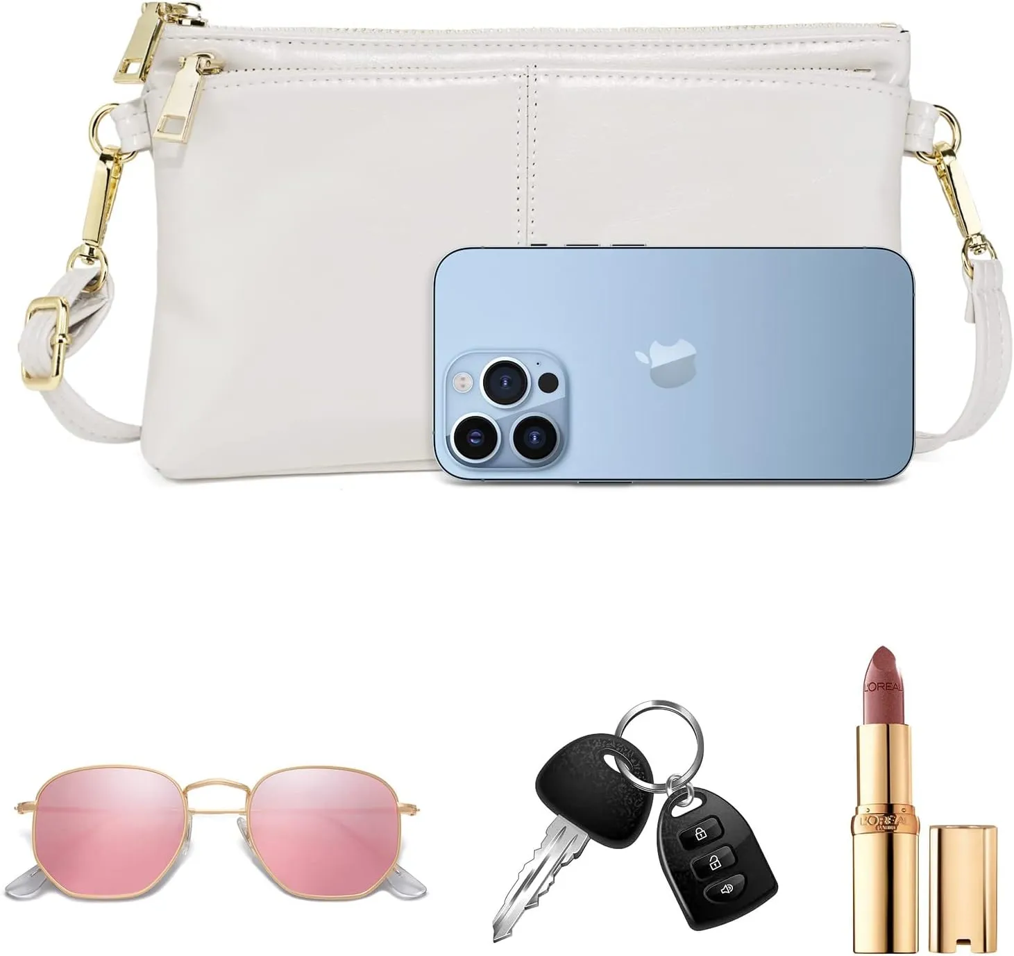 ZOOEASS Triple Zip Small Crossbody Bag Lightweight Purses Vegan Leather Wristlet Clutch, Includes Adjustable Shoulder