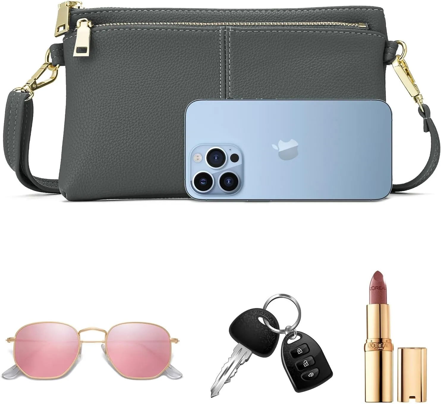 ZOOEASS Triple Zip Small Crossbody Bag Lightweight Purses Vegan Leather Wristlet Clutch, Includes Adjustable Shoulder
