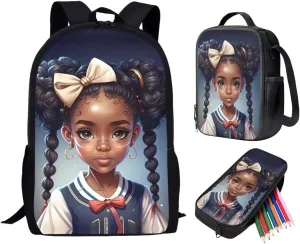 ZOUTAIRONG Afro Girls Backpack with Lunch Box Elementary School Bookbag and Lunch Bag Set for 5Th Grade Black Girls School Bag Lunchbox Pencil Case Angel Princess Book Bag Lunchbag Kids 17in