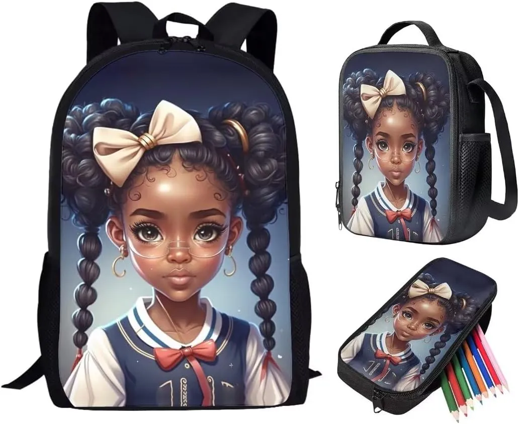 ZOUTAIRONG Afro Girls Backpack with Lunch Box Elementary School Bookbag and Lunch Bag Set for 5Th Grade Black Girls School Bag Lunchbox Pencil Case Angel Princess Book Bag Lunchbag Kids 17in