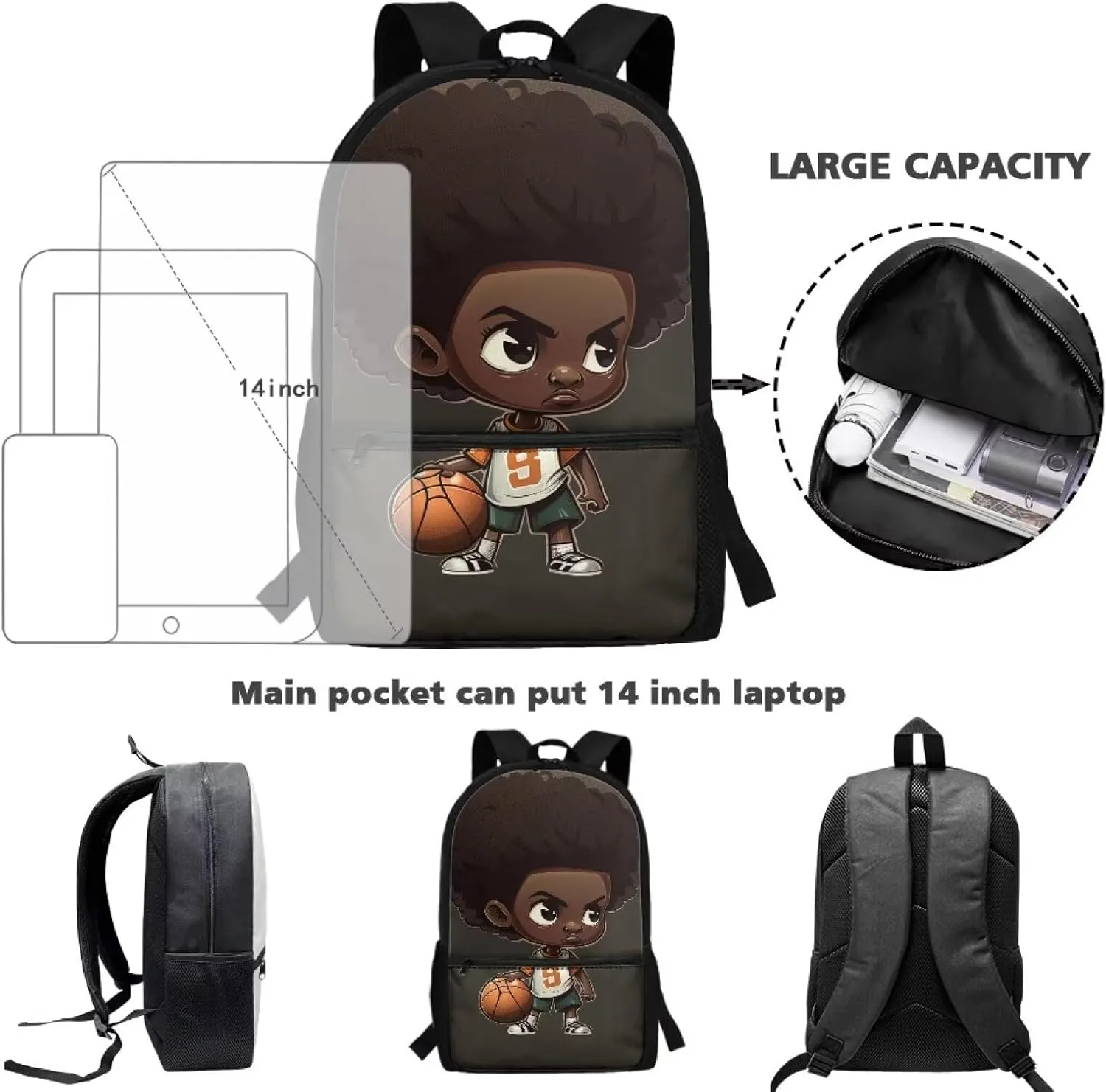 ZOUTAIRONG Black Boy Backpack for Boys 6-8 Football School Backpack Elementary Middle School African Bookbag with Pocket American Boys Book Bag 3rd Grade School Bag 17 in
